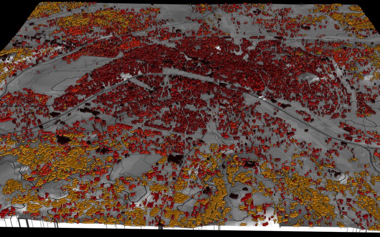 essai de de plaquage de texture sur le relief et modélisation du bâti