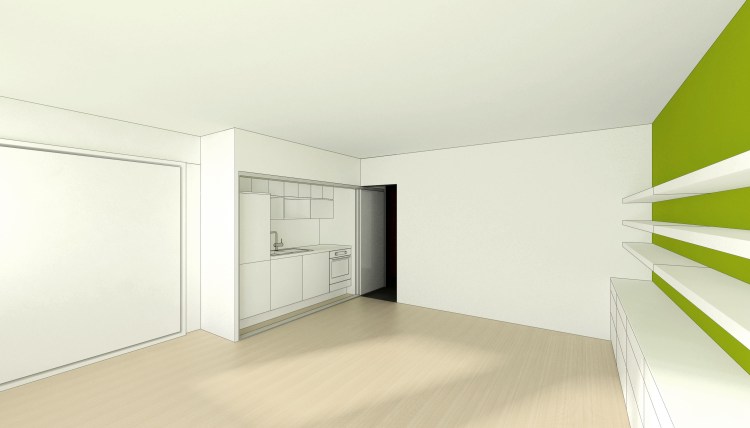 vue b / pièce principale avec le lit replié