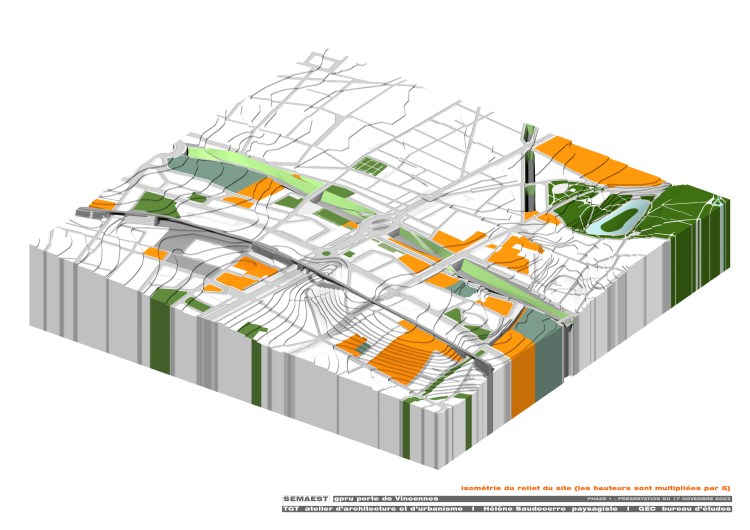 isométrie du relief du site (les hauteurs sont multipliées par 5)