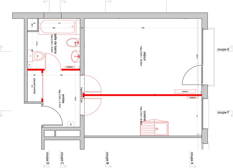 plan existant (démolitions en rouge)
