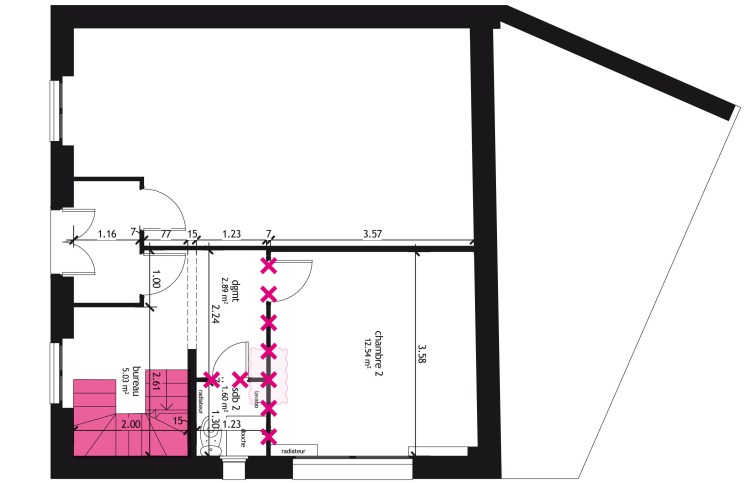 rdc / plan existant (démolitions en magenta)